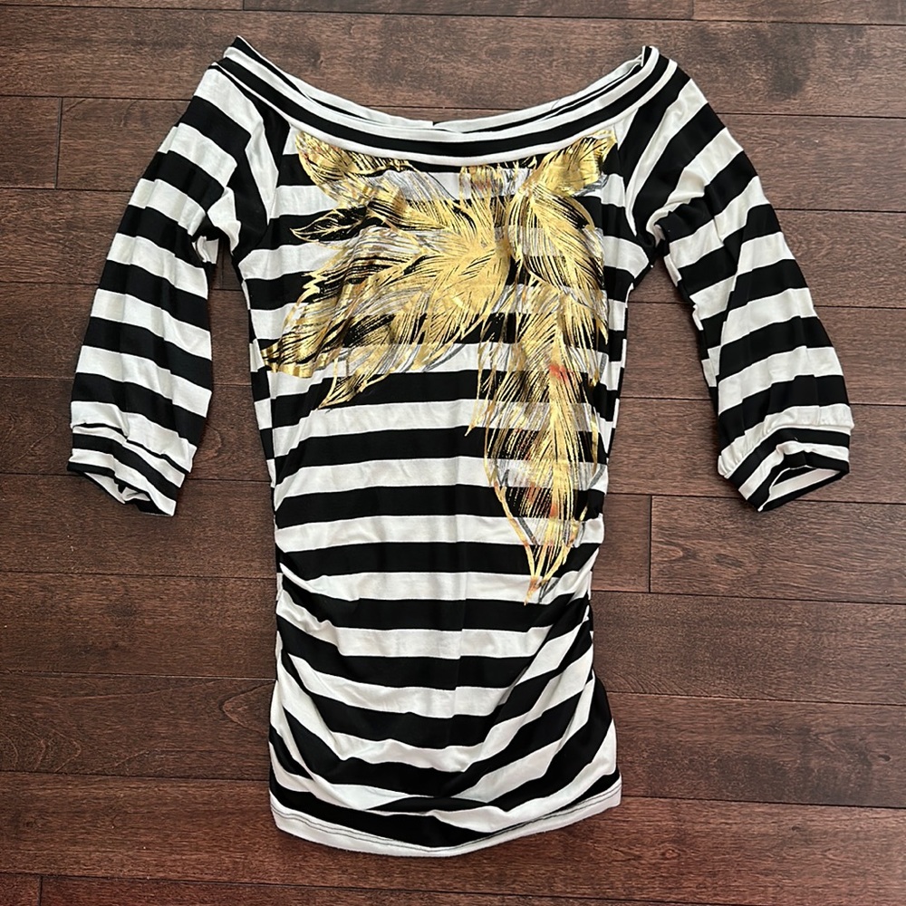 Arden B Black & White Strip Top Gold Foil Palm Print M